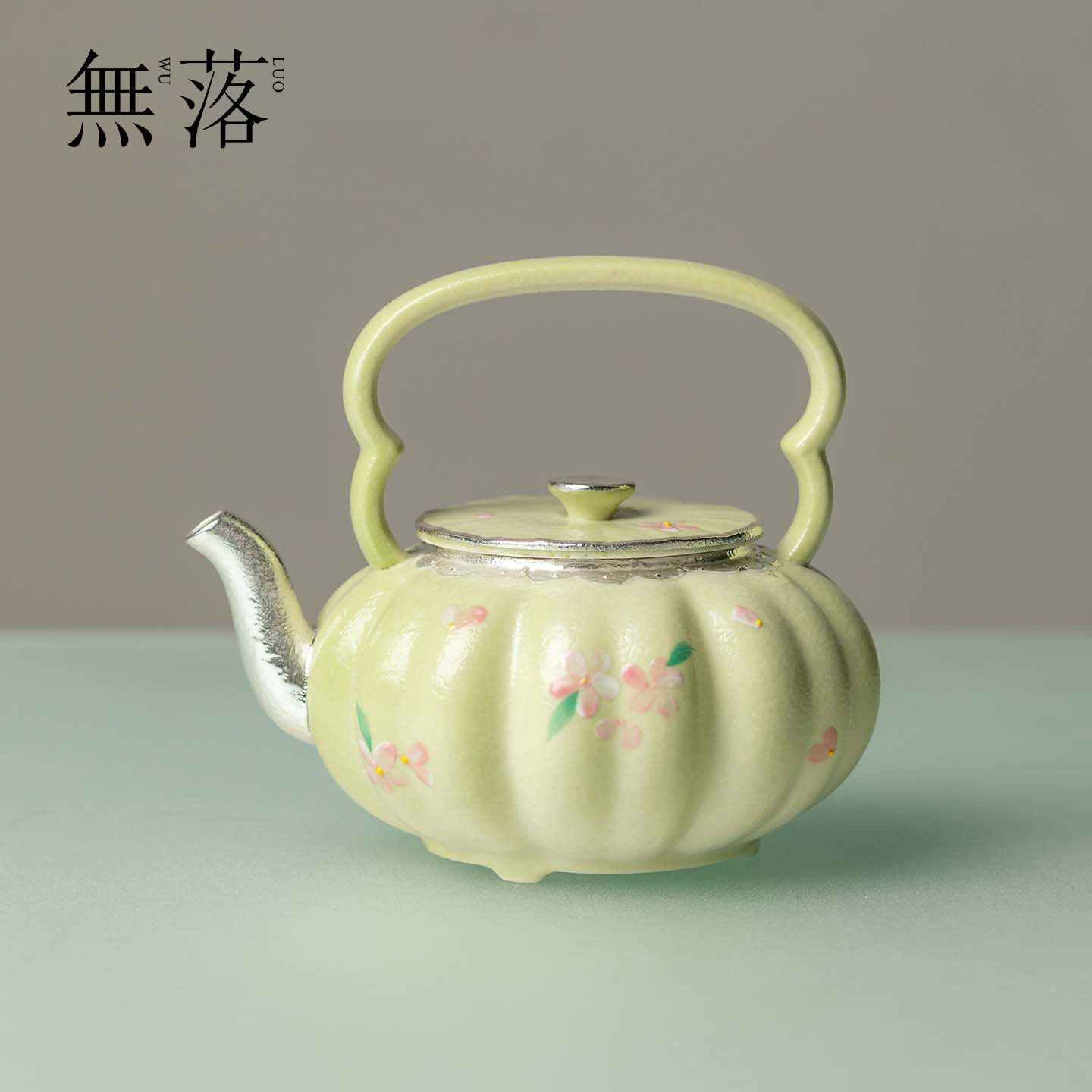 无落手绘鎏银花间春桃南瓜提梁壶小清新陶瓷仿生茶壶家用茶具单壶
