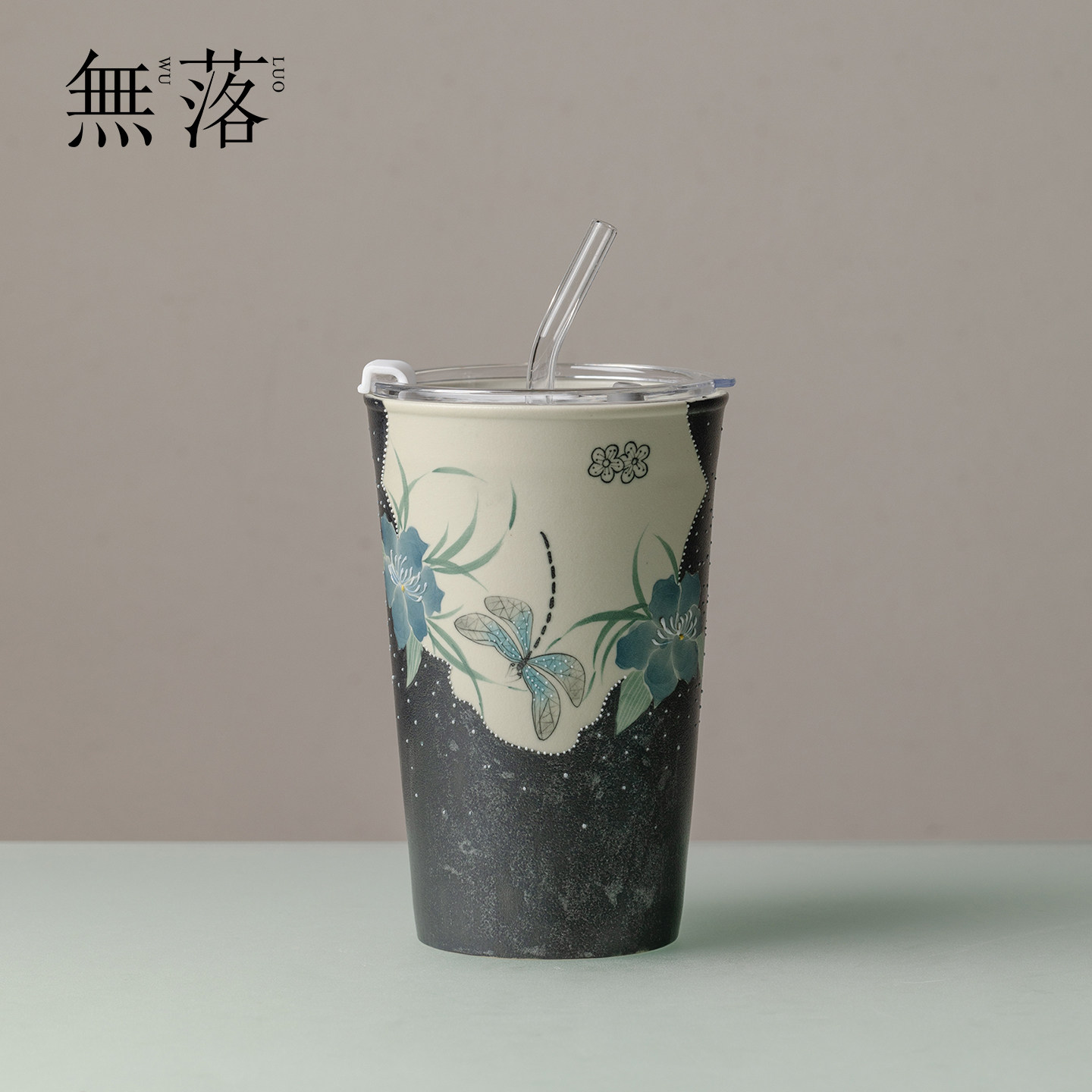 无落墨瓷手绘蜻蜓直饮杯高颜值陶瓷家用喝水杯新中式办公室吸管杯图片