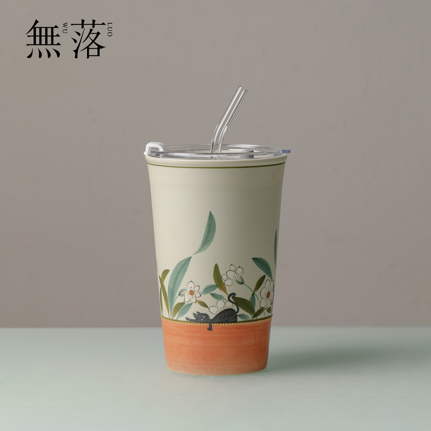无落手绘暖橘花下狸猫直饮杯高颜值陶瓷喝水杯家用办公茶具吸管杯图片
