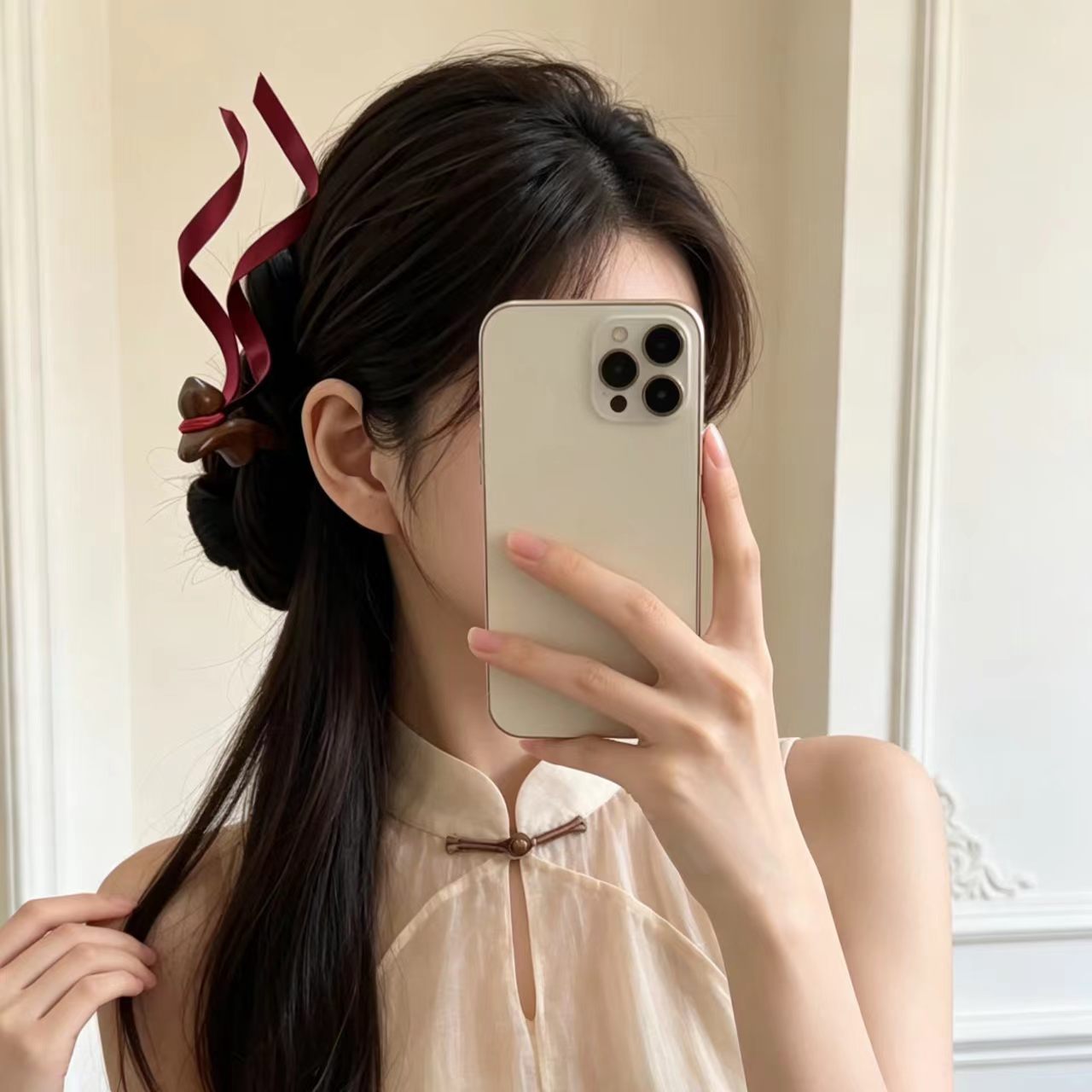 新中式檀木小猫发簪乞巧彩结