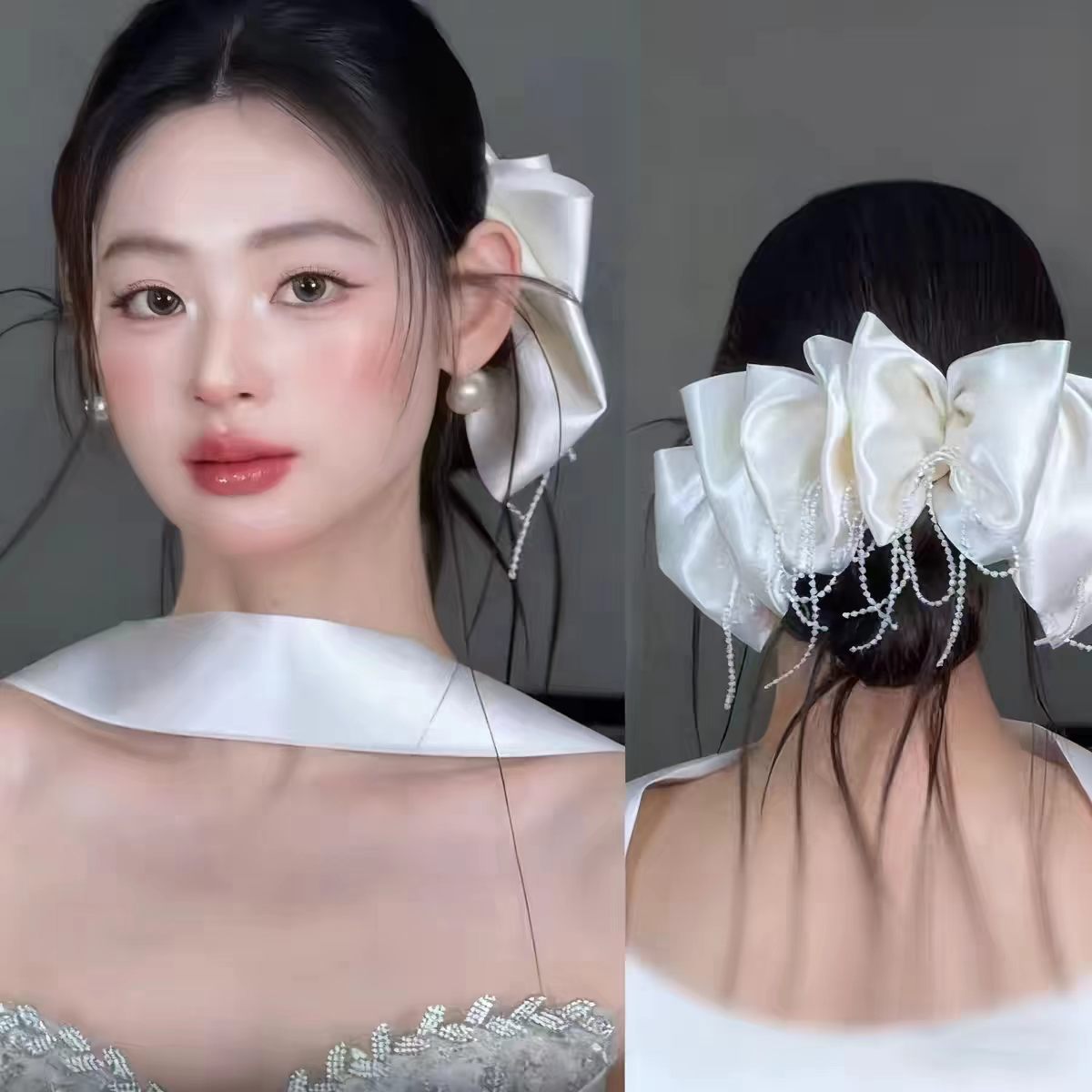 新娘婚嫁珍珠流苏大蝴蝶结发夹