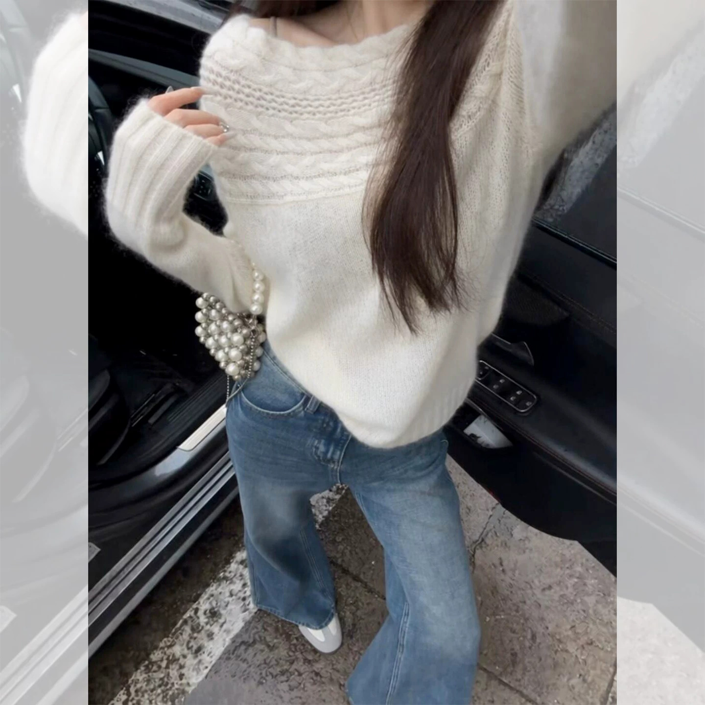 法式温柔风麻花一字肩针织衫女秋冬慵懒宽松软糯亲肤外穿毛衣上衣