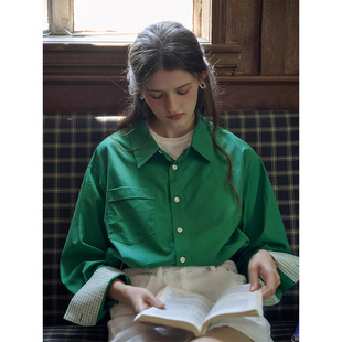 法式复古绿色长袖衬衫女春夏高级感宽松休闲垂感衬衣巨好看上衣薄
