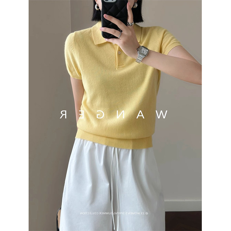法式休闲宽松正肩短袖针织polo衫女夏透气收腰短款翻领T恤上衣薄