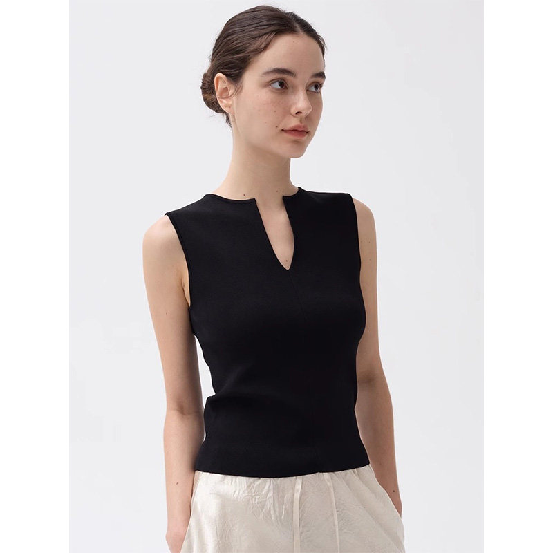 法式气质黑色冰丝针织背心女夏季高级感修身亲肤弹力无袖T恤上衣
