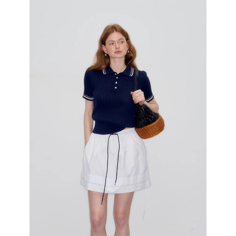 美式老钱风针织短袖T恤女夏季休闲亲肤气质修身POLO衫学院风上衣