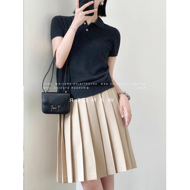 高级感灰色冰丝短袖针织polo衫女夏季法式休闲收腰短款T恤上衣薄