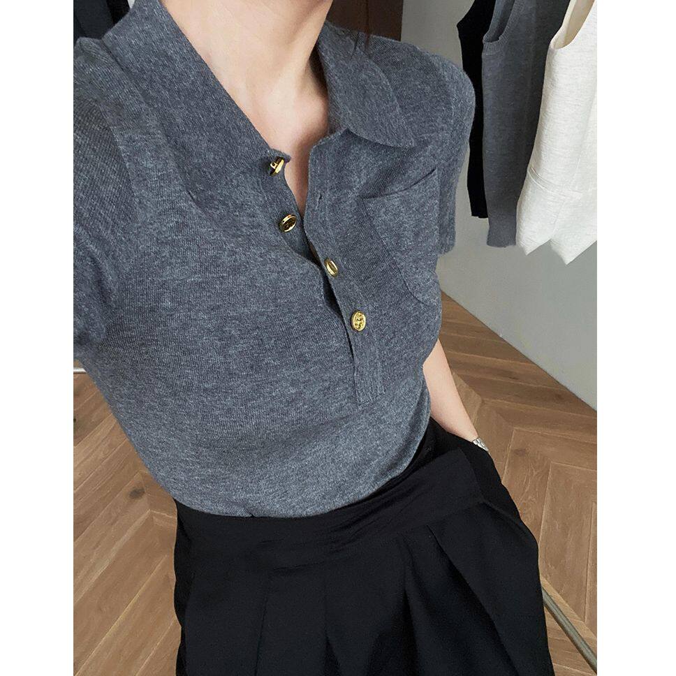 法式老钱风灰色短袖针织衫女夏季高级感休闲气质冰丝正肩T恤上衣