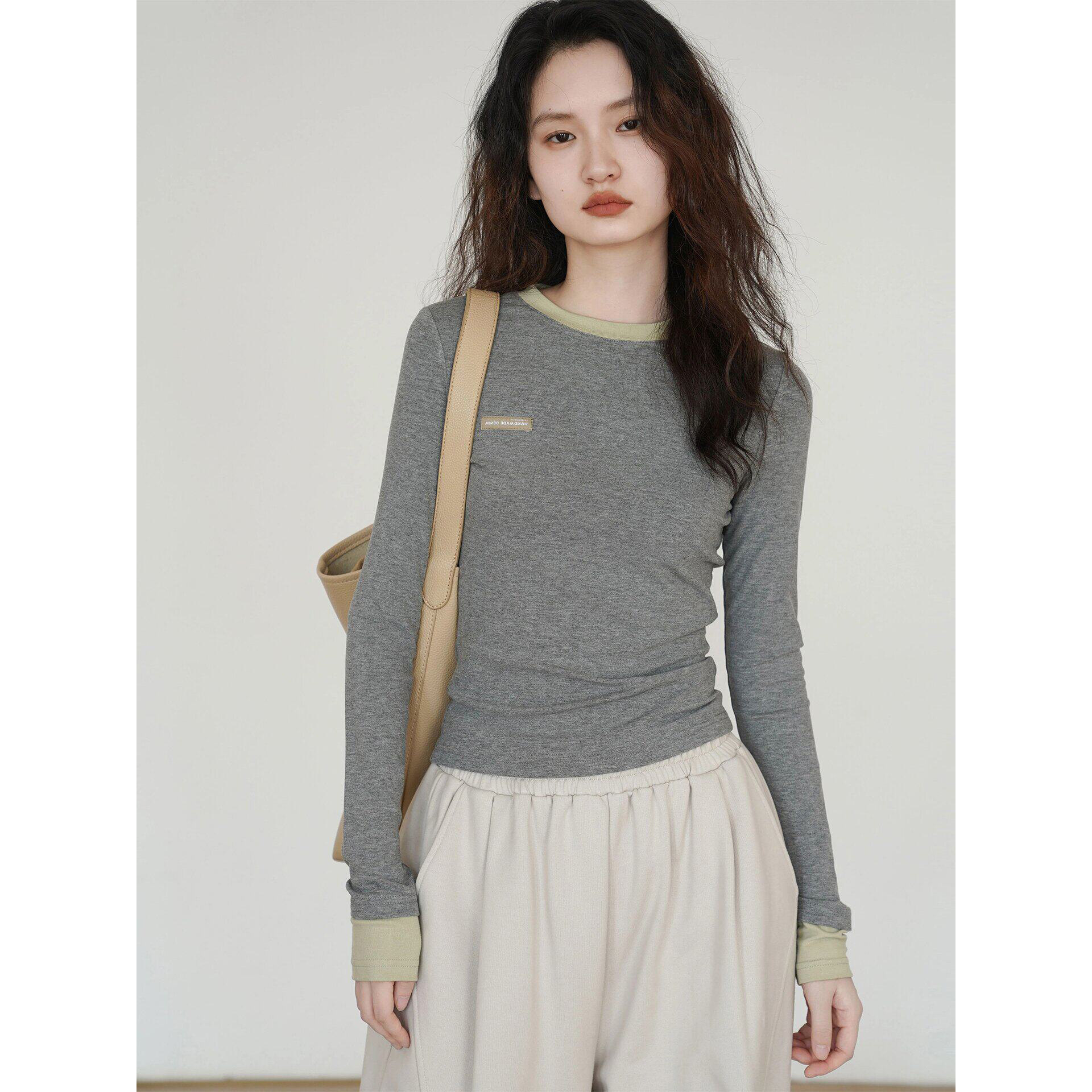 法式复古假两件正肩长袖t恤女春秋修身亲肤小个子内搭打底衫上衣