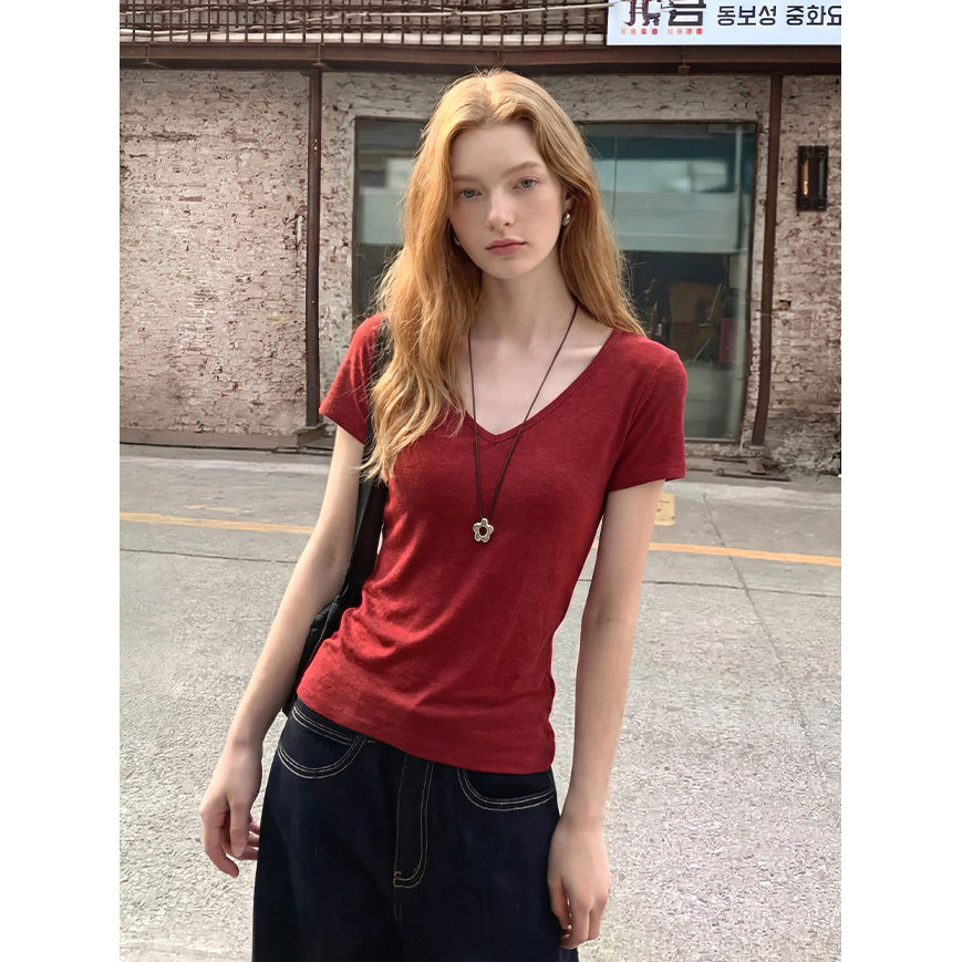 法式复古红色V领短袖T恤女夏季薄