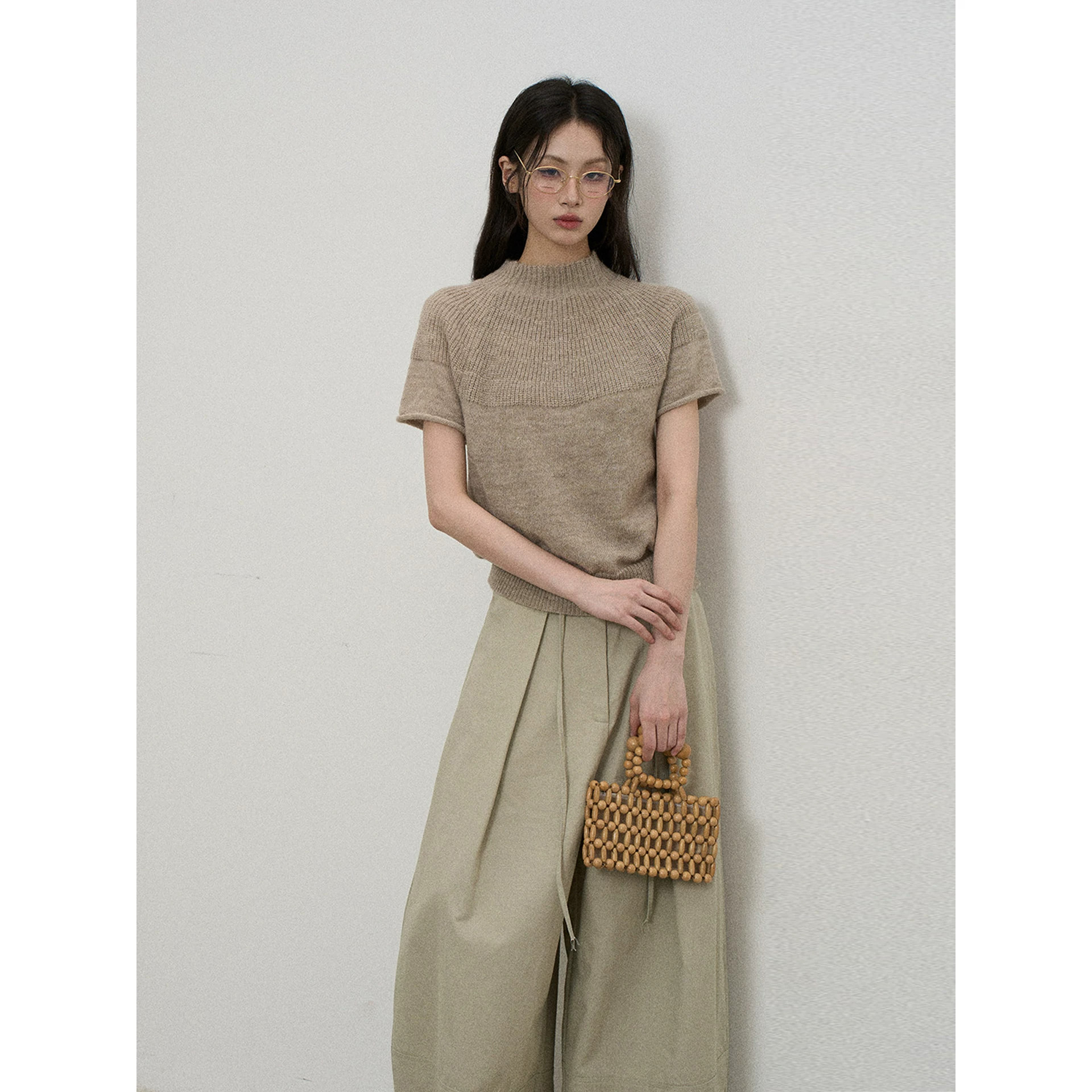 法式复古立领短袖针织衫女春秋高智感宽松显瘦外穿巨好看绝美上衣