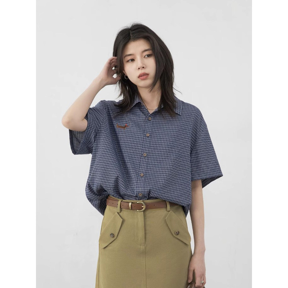 法式复古蓝色格子短袖衬衫女夏季