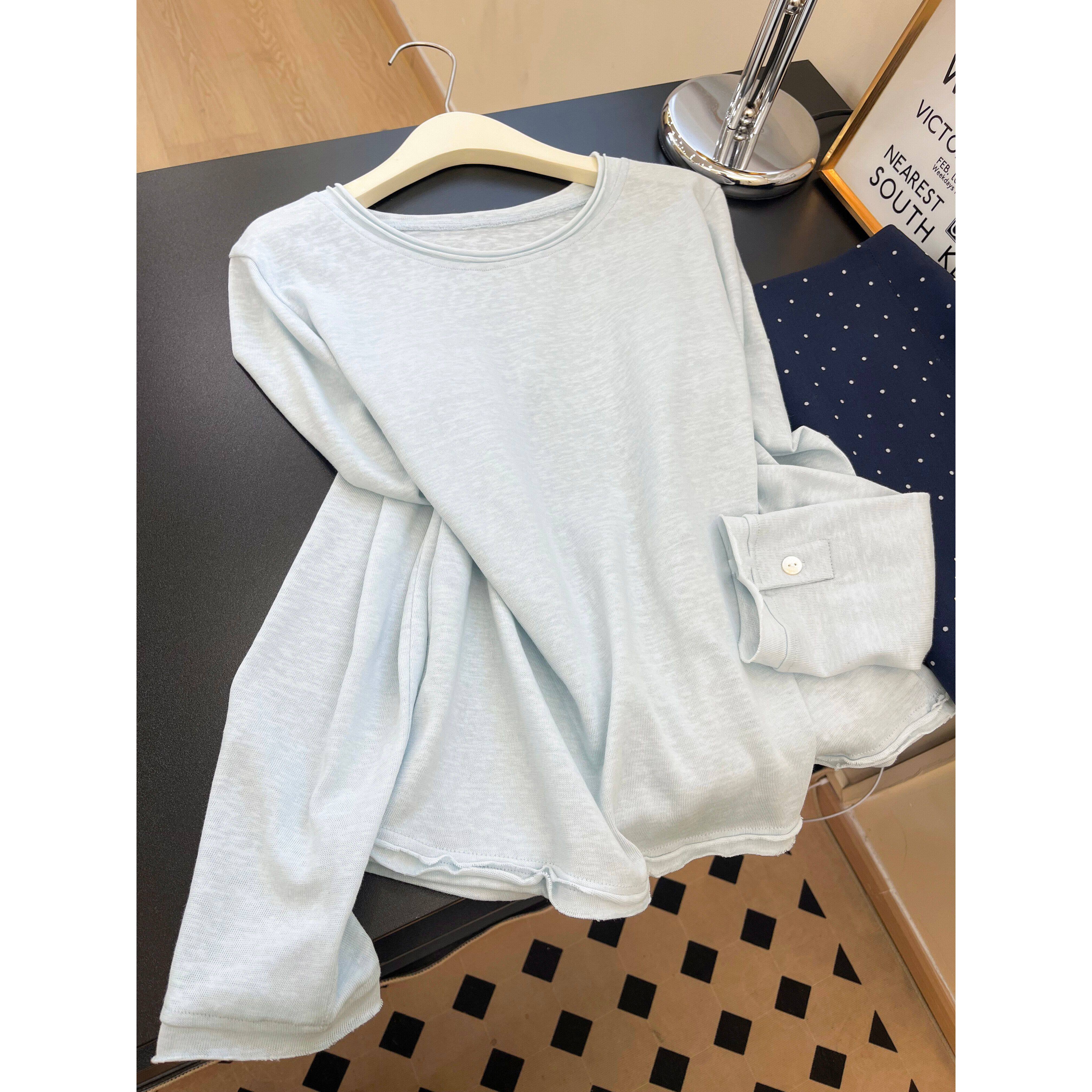 实拍~韩系慵懒风设计感蓝色长袖T恤女秋季宽松休闲百搭打底衫