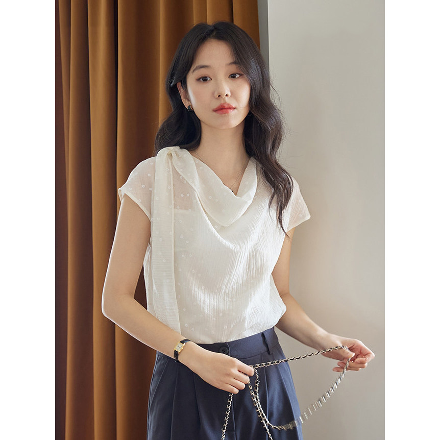 法式白色荡领飘带波点短袖衬衫女夏季复古文艺少女感显瘦气质上衣