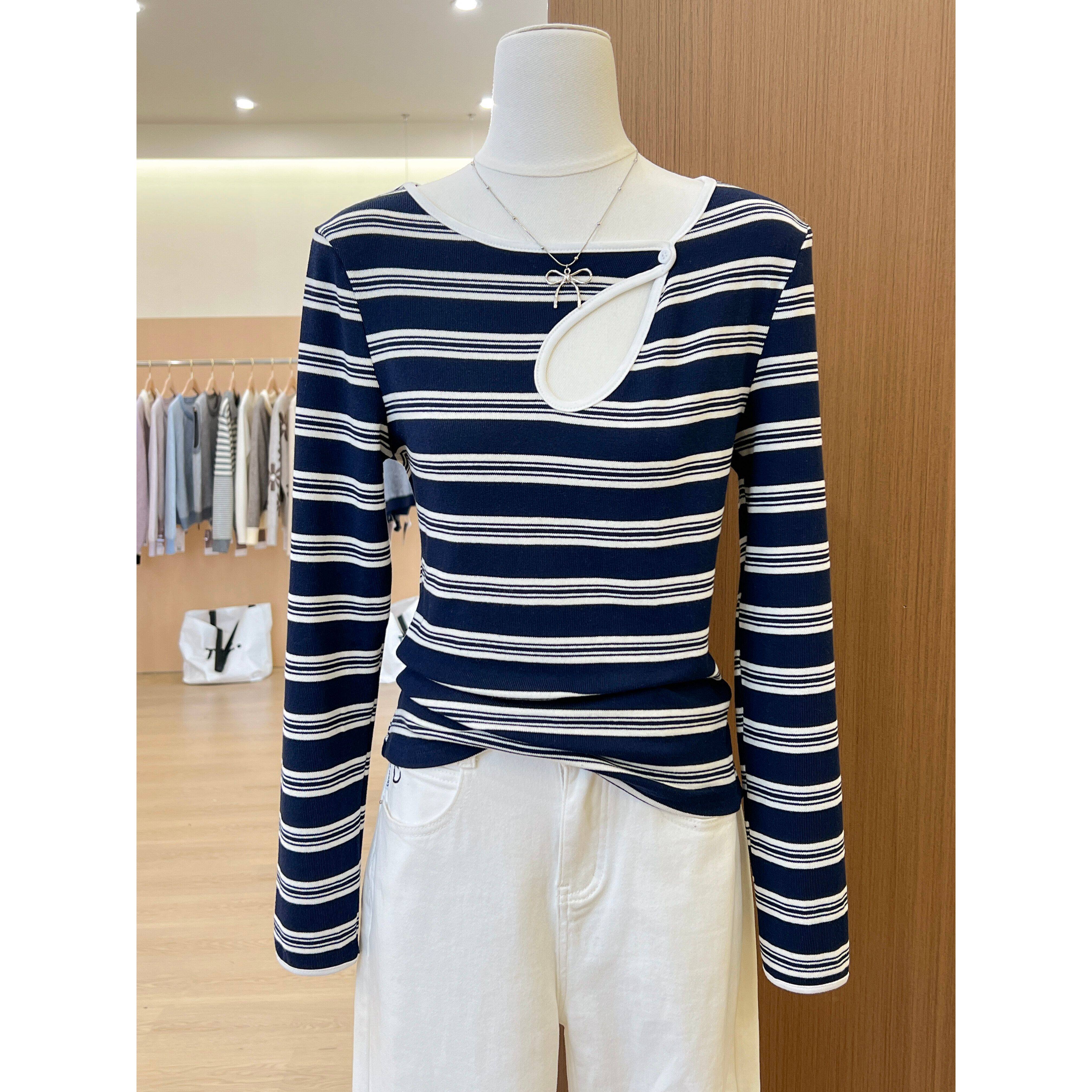 实拍~藏蓝色条纹镂空长袖T恤女秋冬打底衫短款紧身上衣