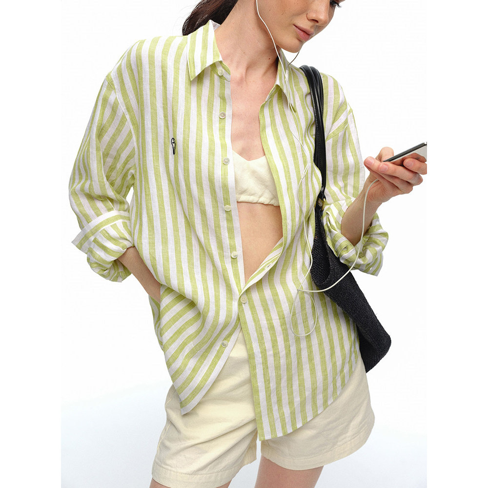 法式亚麻条纹长袖防晒衬衫女夏季