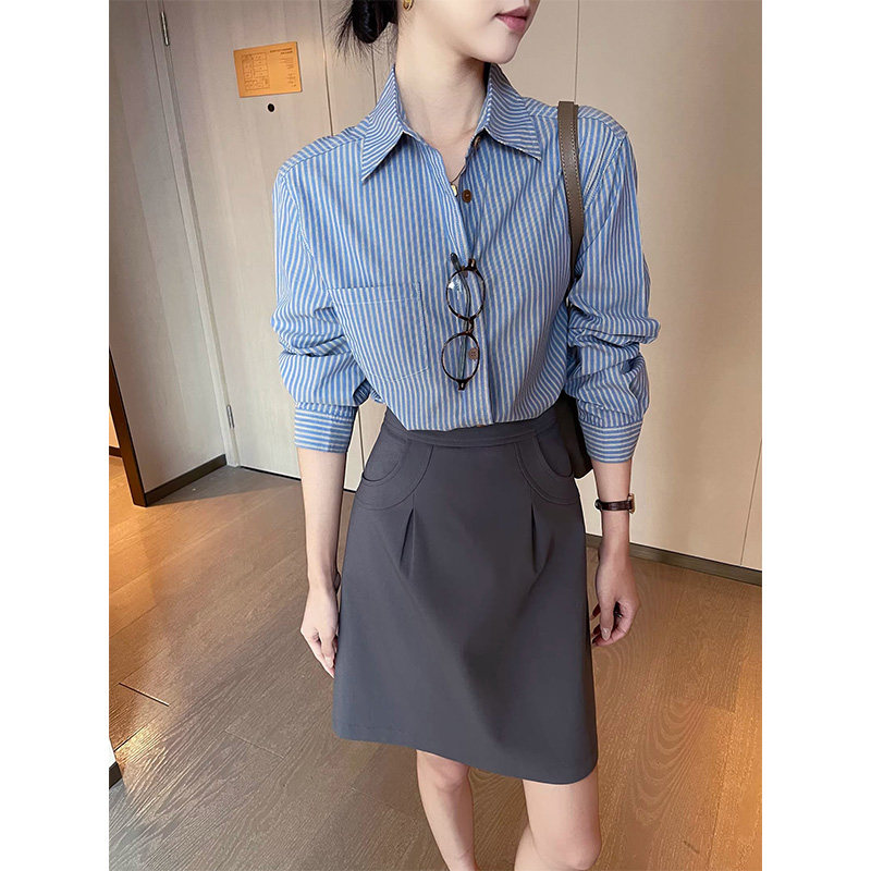 韩系蓝白条纹polo领长袖衬衫女春夏高级感休闲宽松减龄通勤上衣薄