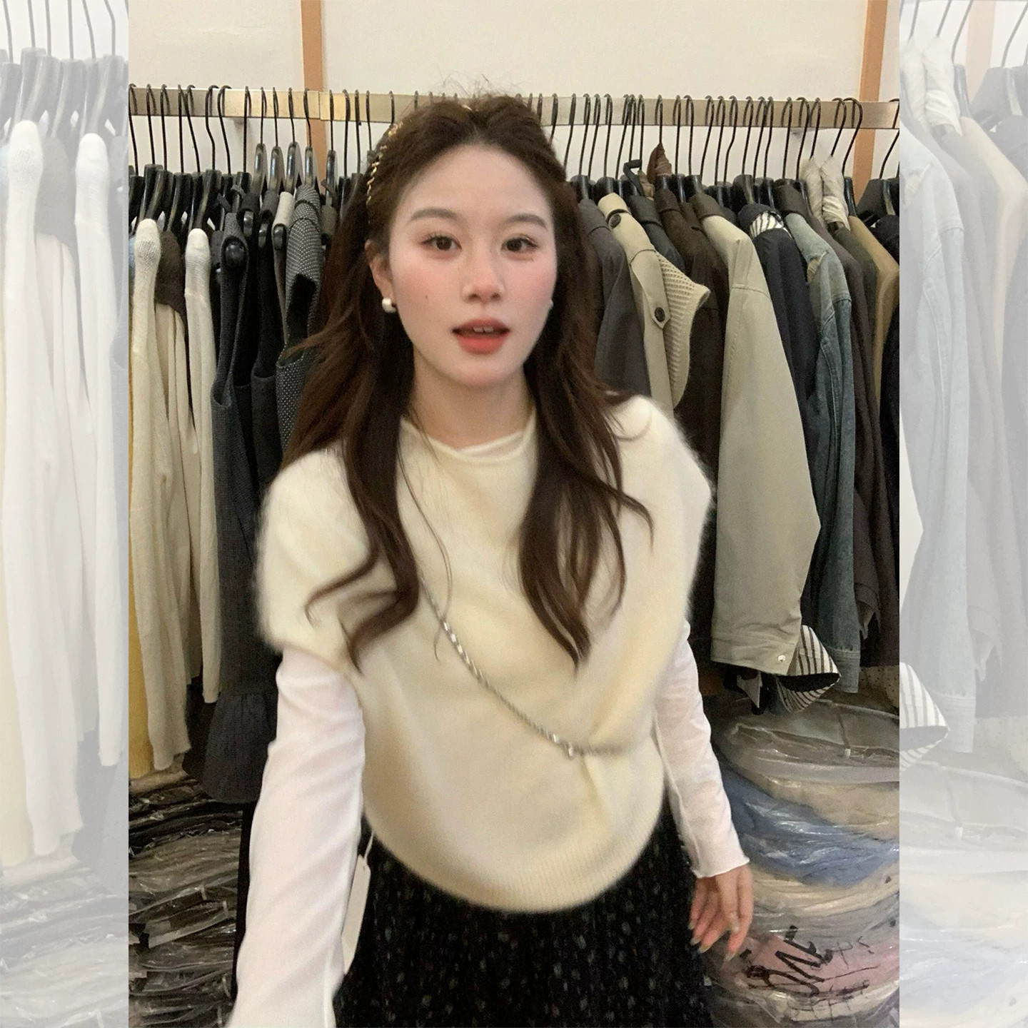 温柔慵懒风奶白色圆领短袖针织衫女秋冬季软糯氛围感显瘦叠穿毛衣