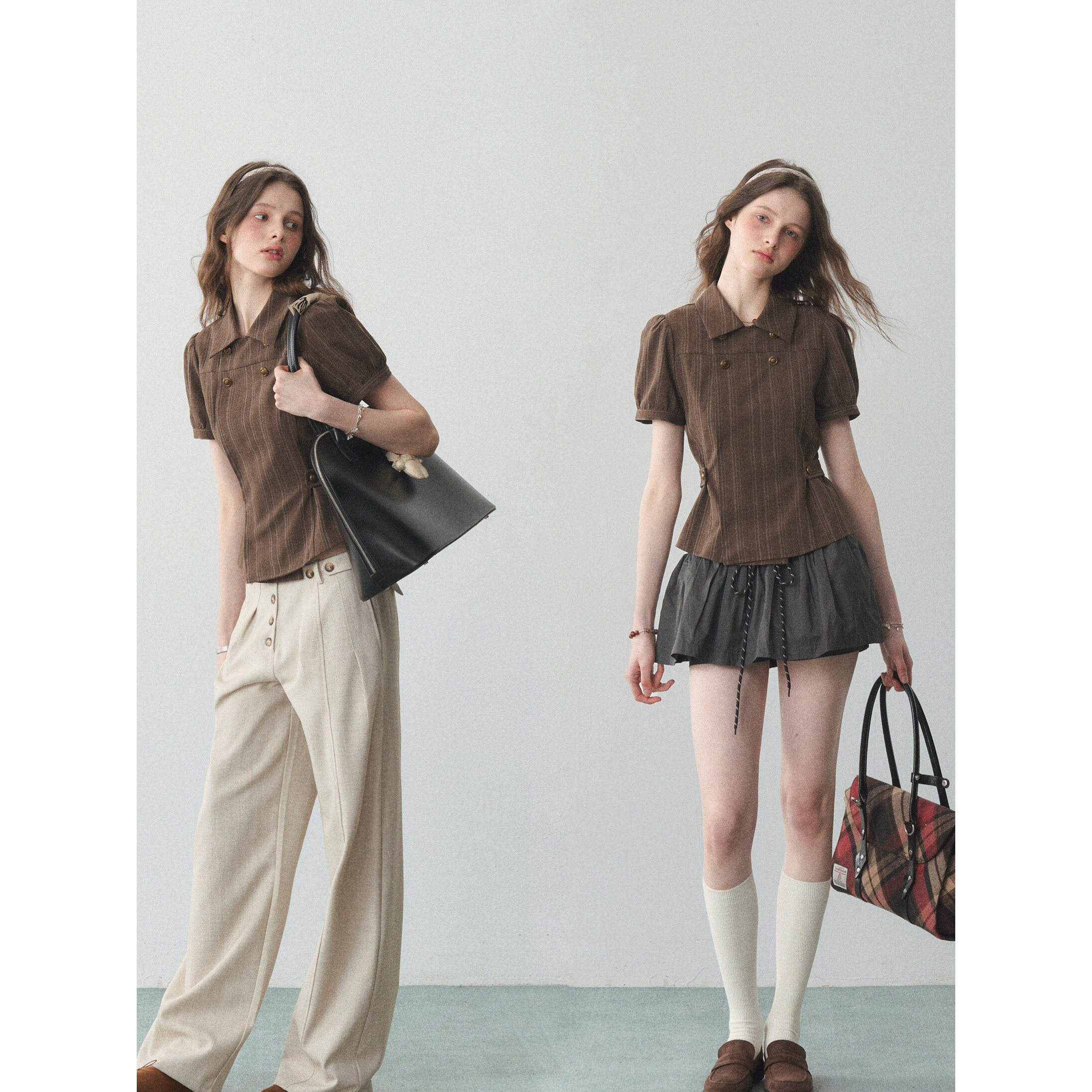 法式美拉德棕色条纹短袖衬衫女夏季高智感收腰设计泡泡袖显瘦上衣