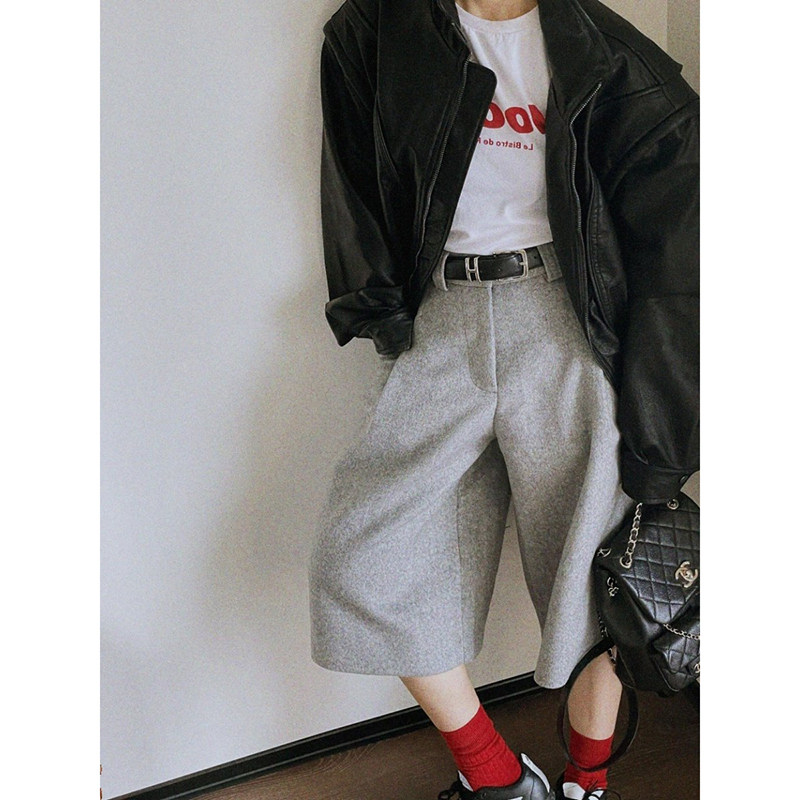 老钱风灰色毛呢西装短裤女早春季日系复古休闲垂感阔腿直筒五分裤