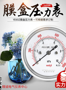 YE60Z轴向膜盒压力表径向60mm微压表瓦斯千帕表2.5 4 16 20KPa