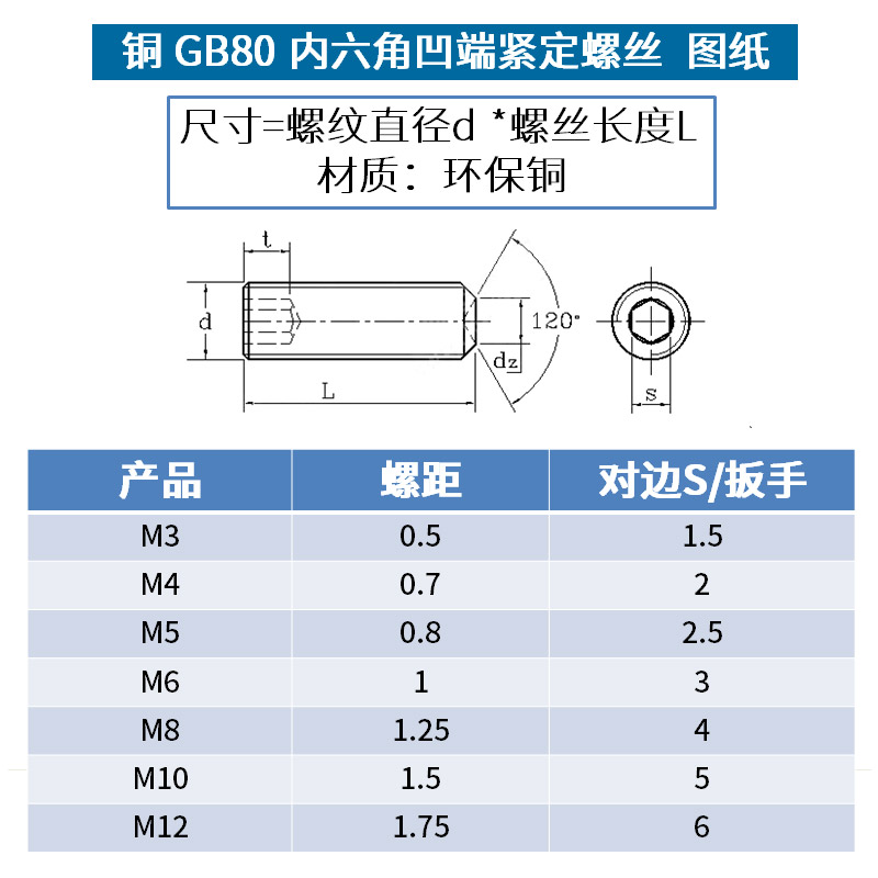 黄铜内六角凹端紧定螺钉铜无头螺丝机米螺丝顶丝m3m4Mm5m6m8m10 8