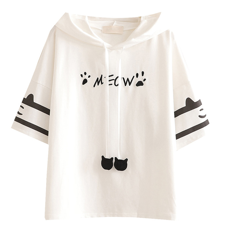 中学生夏季短袖t恤女2021新款可爱耳朵连帽薄款卫衣宽松少女上衣