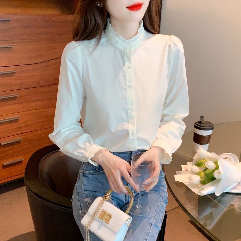 郭晶晶白衬衫女2024新款法式灯笼袖木耳花边高级气质立领打底衬衣