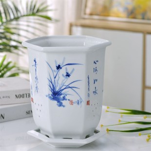 景德镇高温陶瓷手绘花盆特大号超大号兰花专用高盆深盆细长带托盘