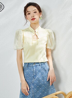 固执夏季新款复古立领镂空蕾丝拼接泡泡短袖T恤50832TX08224