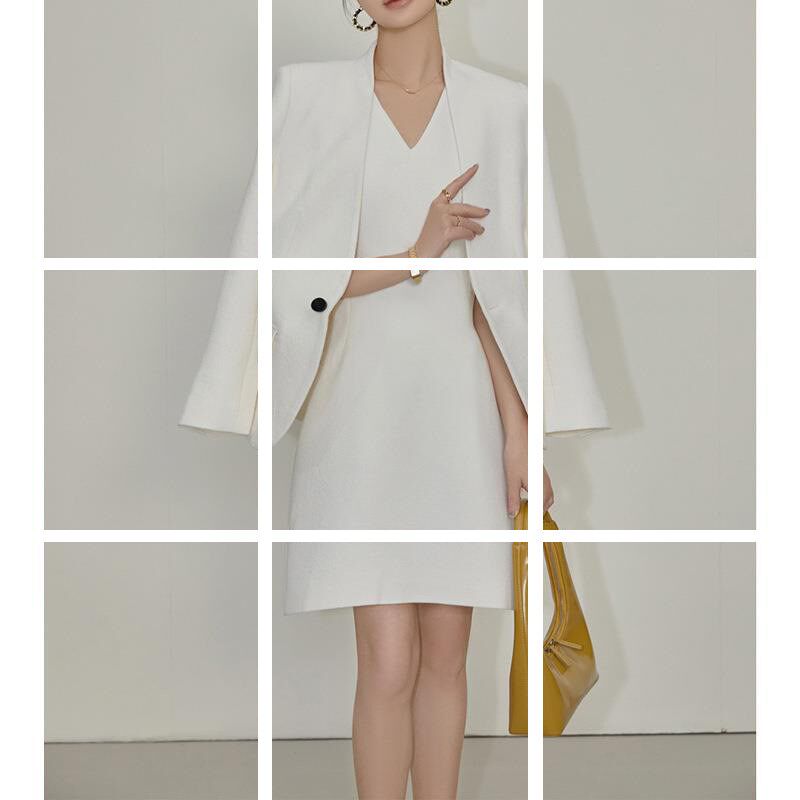 2023春秋新款职业时尚无领收腰白色高级感西装连衣裙女修身两件套