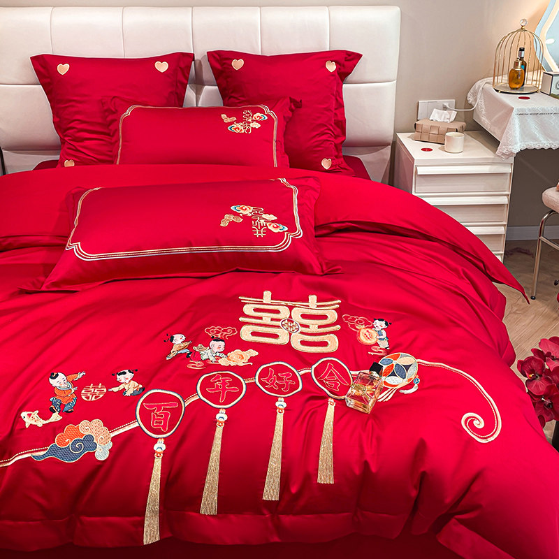 高档新中式婚庆四件套大红色全棉纯棉百子图床单结婚床上用品喜被