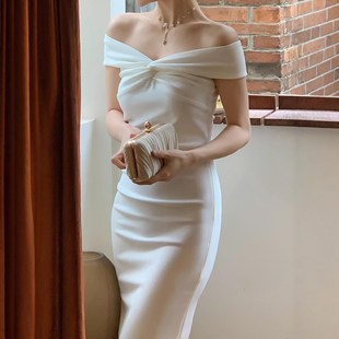 法式修身名媛气质晚礼服裙女装秋夏订婚高级感白色一字肩连衣裙子