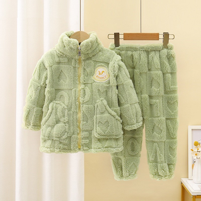 儿童珊瑚绒睡衣女童秋冬季法兰绒加厚小孩宝宝男童外穿家居服套装