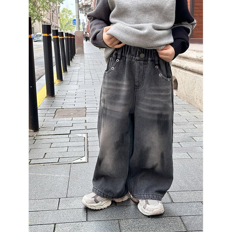 依依妈男童加绒牛仔裤儿童冬装宝宝加厚奥粒绒做旧直筒宽松休闲裤