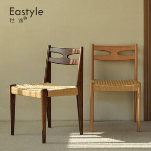 侘寂风民宿绳编椅子复古设计师简约餐厅家用实木餐椅北欧艺术感凳