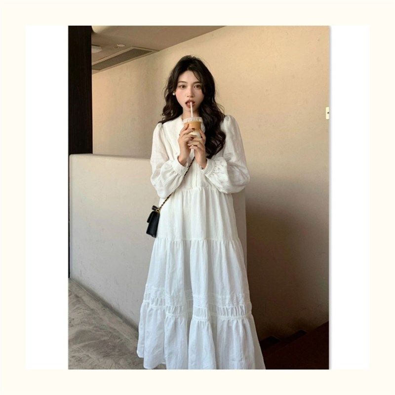 法式白色长袖娃娃领连衣裙女2024春季甜美宽松显瘦中长款A字裙潮