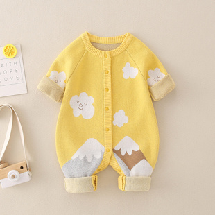 新生婴儿衣服可爱秋冬连身衣男女宝宝纯棉线针织毛衣满月爬服套装