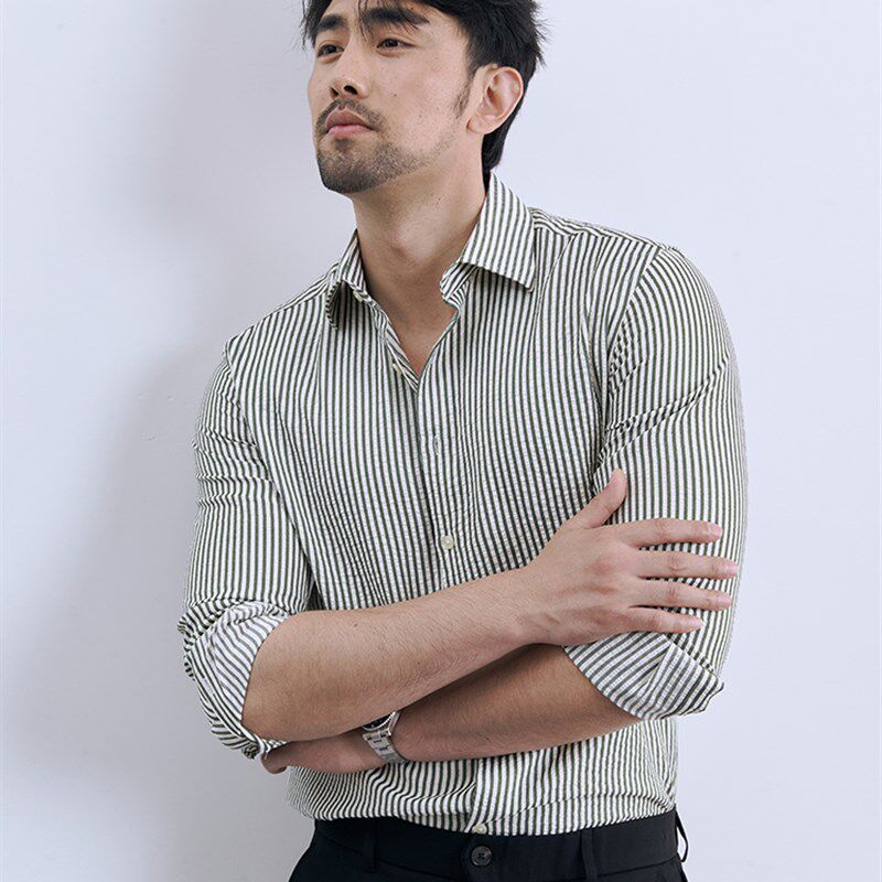 意式轻熟男 泡泡纱舒适透气亲肤长袖条纹衬衫男士春季绿色衬衣潮