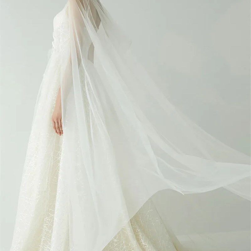 女士单层网纱连帽长拖尾披肩白色新娘披风斗篷长款拍照舞台装2023
