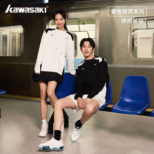 Kawasaki川崎羽毛球服长袖T恤男女款秋冬复古撞色高颜值运动上衣