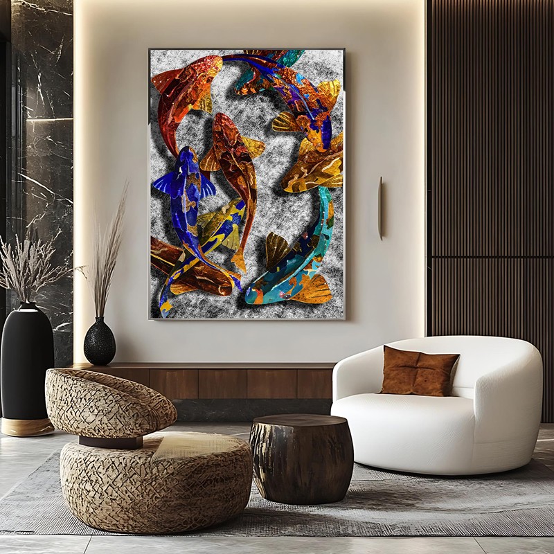 现代轻奢装饰画玻璃镶钻艺术锦鲤客厅沙发背景墙挂画酒店玄关壁画图片