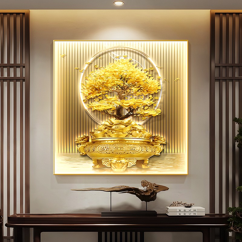 新中式招财树正方形玄关装饰画聚宝盆餐厅挂画轻奢带灯发光壁画图片