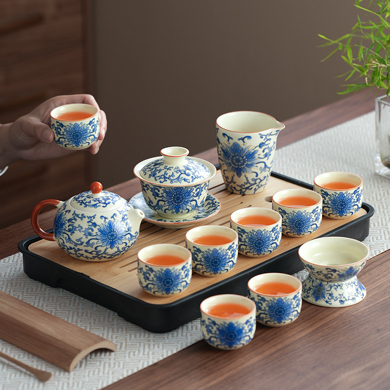 青花汝窑功夫茶具套组2025新款中式家用泡茶专用盖碗茶杯整套高档
