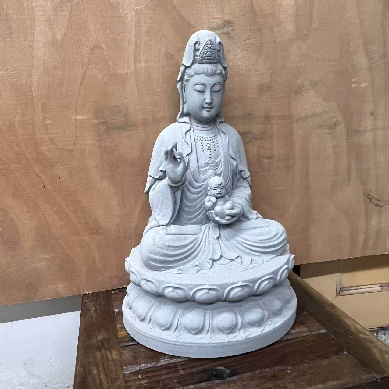 石雕观音菩萨送子汉白玉观音像青石原石雕刻神像寺庙家居供奉摆件