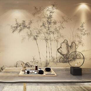 新中式水墨无缝壁布山水竹子壁画抽象风景壁纸客厅书房饭厅墙贴纸