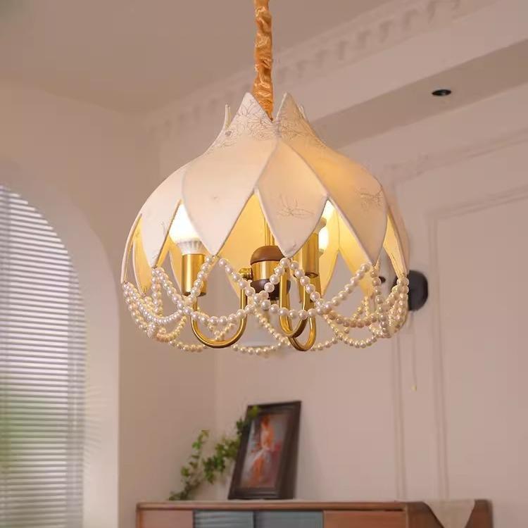 法式中古餐厅吊灯复古花纹珍珠百合吊灯美式卧室衣帽间布艺灯具