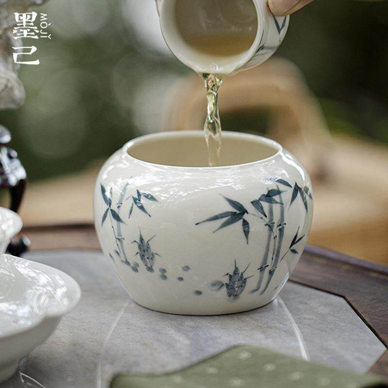 墨己草木灰手绘建水茶道配件陶瓷茶洗废水缸竹子家用大号水盂摆件