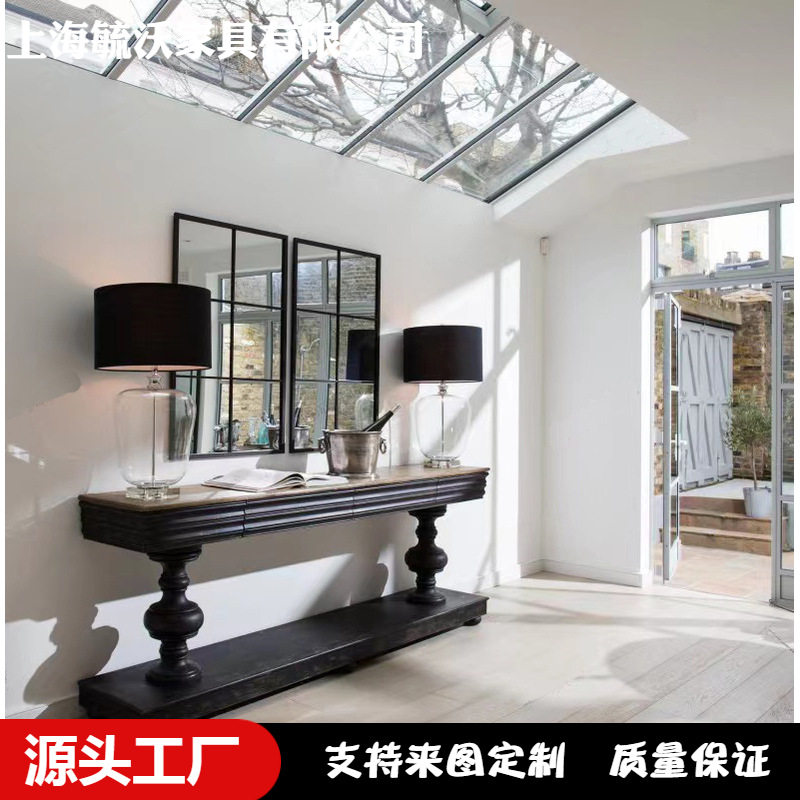美式乡村实木黑白色法式复古做旧罗马柱可储物门厅玄关桌条案民宿