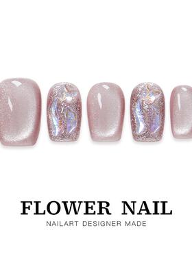 花芷「紫月绮梦」纯手工猫眼穿戴甲美甲短款手绘高级精致2026新款